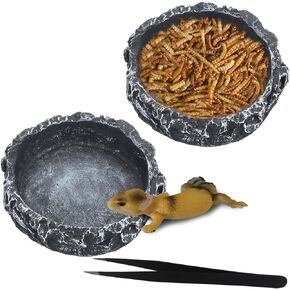 2pcs Reptile Water Bowl with Feeding Tweezers Reptile Food Dish for Lizard Snake Tortoise Reptile Feeding Dish for Small Animals - Loess