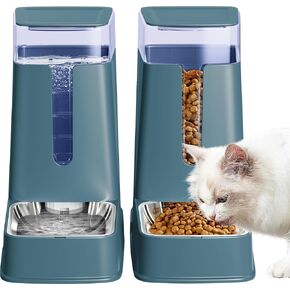 Automatic Cat Feeder and Cat Water Dispenser Set with Stainless Steel Bowls Gravity Dog Feeder for Small Medium Big Dog Pets Puppy Kitten, 1 Gallon x 2