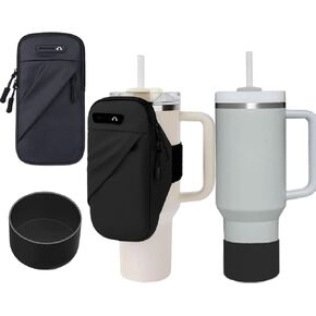 Water Bottle Carrier Bag with Phone Pocket Outdoor Gym Running Tumbler Cup Accessories for Smartphone, Cards, Keys, Earphones, Water Bottle Protective Silicone Boot Anti-Slip/Scratch Protector Sleeve