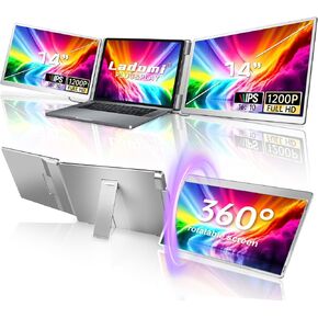 Laptop Screen Extender, 14" FHD 1200P IPS Triple Monitor Extended for 12"-17" Laptop, Plug & Play Portable Dual Monitor for Laptop, HDMI/USB-C for Mac, Wins, Android, Switch, Surface