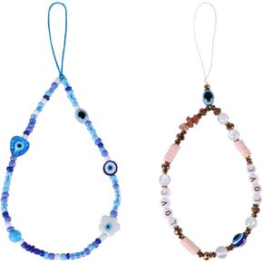 2pcs Evil Eye Phone Charm, Cute Cell Phone String Wrist Strap Kit Evil Eye Beaded Lanyard Evil Eye Cell Phone Beaded Ornament Chain Wristband for Women (Blue&Brown)