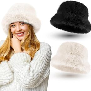 2 Pcs Faux Fur Bucket Hat for Women Wide Brim Winter Fluffy Hats Warm Adjustable Fuzzy Fisherman Cap