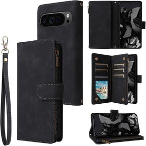 Miimall Wallet Cases for Pixel 9 Pro XL with Card Holder, [Premium PU Leather& Magnetic Closure][Multi-Card Storage] Strap Wristlet Full Body Shockproof Rugged Cover Case for Pixel 9 Pro XL, Black