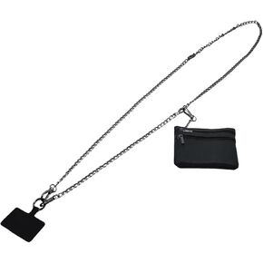Clip and Go Strap for Phone with Wallet Crossbody Fashion Gold Chain Phone Lanyard Strap Crossbody with Wallet Black Leather Zipper Pouch (Black)