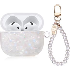 Case for AirPod 4 with Pearl Wrist Chain, Bling Marble Design Hard TPU Cover [Active Noise Cancellation] for AirPods 4th Generation 2024 Released