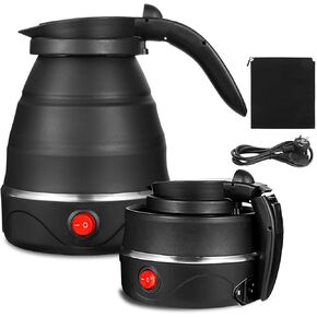 0.6L Collapsible Travel Kettle 110V, Foldable Handle Design for More Portability, Food Grade Silicone Small Electric Tea Kettle for Fast Water Boiling, Black