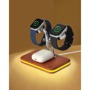 Dual Watch Charger Stand for Apple Watch,10W iWatch Charger Fast Charging with 3 Color LED Light,Wood Wireless Charging Station for Apple Watch Series 10 9 8 7 6 5 4 3 2 1 Ultra Se Airpod 4 3 2 Pro