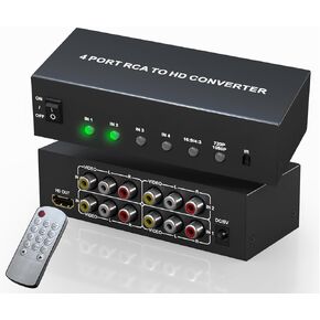 Multiple AV to HDMI Converter 4 Port RCA to HDMI - 1080P/720P Red White Yellow Composite Component to HDMI Converter for Smart TV/AUX/N64/PS2/PS3/VHS/VCR/DVD Players, Support 4:3/16:9 RCA to HDMI Hub