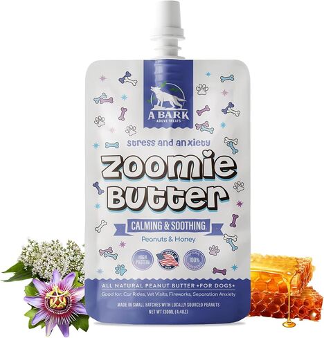 Stress & Anxiety Dog Peanut Butter Squeeze Supplement, All Natural Calming Dog Treat. Human Grade & Safe Puppy Food, Passion Flower for Separation Anxiety, Behavior Aid, USA Grown & Made in Saudi Arabia