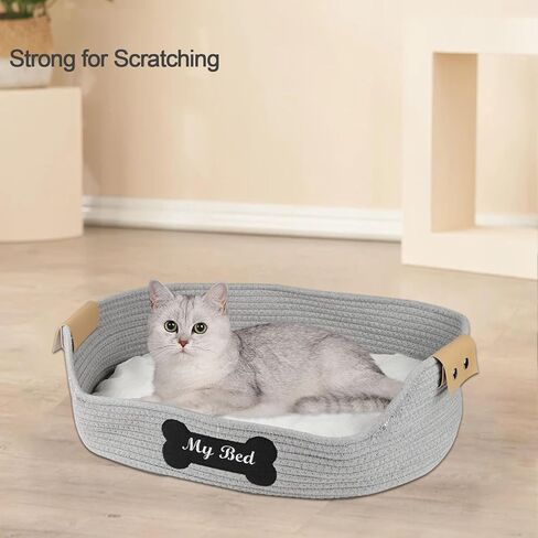 أسرة القطط للقطط الداخلية، سرير جرو من الحبال القطنية مقاس 21.6 × 15.7 بوصة، سرير قيلولة للقطط من الحبال المنسوجة كيتي نيست مع وسادة ناعمة، سلة سرير للقطط والكلاب منسوجة يدويًا - مقاومة للخدش in Kuwait