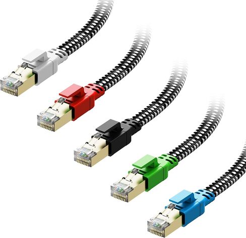 Cat 8 Ethernet Cable 6 ft 5 Pack Multi Color, Nylon Braided High Speed Heavy Duty Network LAN Patch Cord, 40Gbps 2000Mhz RJ45 Flat Internet Cable Shielded in Wall, Indoor&Outdoor for Modem/Router/PC in Saudi Arabia