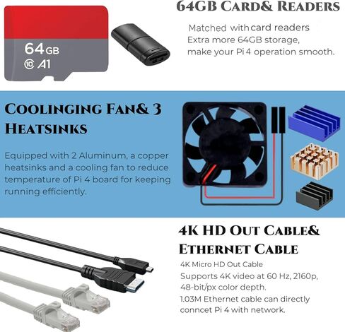 مجموعة Vemico Raspberry Pi 4 Model B سعة 8 جيجابايت مع لوحة ذاكرة وصول عشوائي Pi4 سعة 8 جيجابايت وبطاقة وقارئات سعة 64 جيجابايت وكابل 4K Micro HD وكابل إيثرنت ومصدر طاقة 5V3A مع حافظة تشغيل/إيقاف Pi 4 مع مبددات حرارة لمروحة التبريد in Kuwait