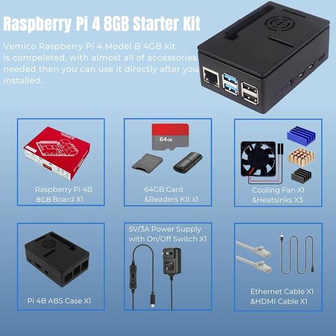 مجموعة Vemico Raspberry Pi 4 Model B سعة 8 جيجابايت مع لوحة ذاكرة وصول عشوائي Pi4 سعة 8 جيجابايت وبطاقة وقارئات سعة 64 جيجابايت وكابل 4K Micro HD وكابل إيثرنت ومصدر طاقة 5V3A مع حافظة تشغيل/إيقاف Pi 4 مع مبددات حرارة لمروحة التبريد in Kuwait