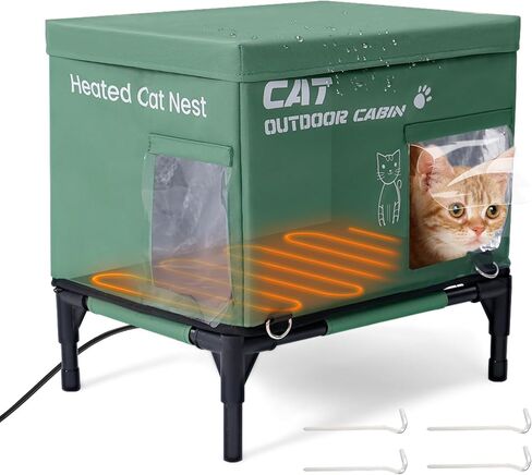 بيت القطط المُدفأ، تدفئة قابلة للتعديل على 3 مستويات USB وبابين للهروب، مأوى للقطط مقاوم للماء ومقاوم للطقس للشتاء داخليًا وخارجيًا، أخضر (17 × 13 × 16 بوصة) in Kuwait