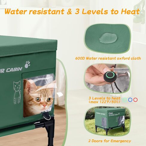 بيت القطط المُدفأ، تدفئة قابلة للتعديل على 3 مستويات USB وبابين للهروب، مأوى للقطط مقاوم للماء ومقاوم للطقس للشتاء داخليًا وخارجيًا، أخضر (17 × 13 × 16 بوصة) in Kuwait