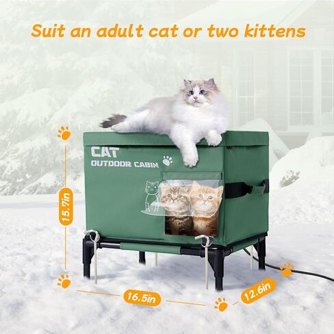 بيت القطط المُدفأ، تدفئة قابلة للتعديل على 3 مستويات USB وبابين للهروب، مأوى للقطط مقاوم للماء ومقاوم للطقس للشتاء داخليًا وخارجيًا، أخضر (17 × 13 × 16 بوصة) in Kuwait