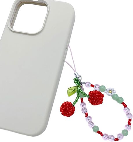 Sweet Beaded Cherry Charm Pendant Chain Phone Straps Keychain Strap Bag Decoration Lanyards Keychain Accessories in Saudi Arabia