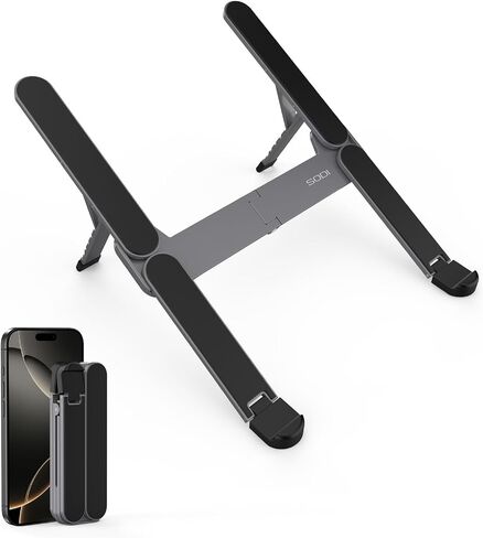 【Innovative & Ultra Compact】SODI Foldable Laptop Stand for Desk, Lightweight Portable Tablet Holder for Business Travel, Cafe, 6 Level Height Adjust Computer Holder for MacBook, Tablet 10-16", Silver in Kuwait