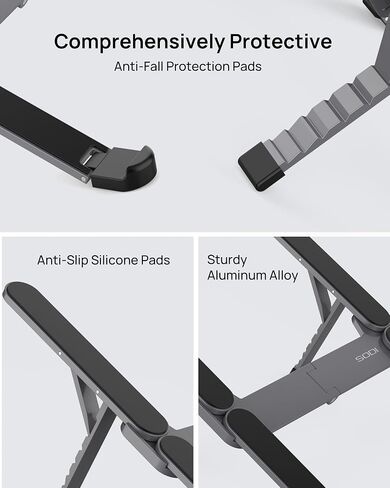 【Innovative & Ultra Compact】SODI Foldable Laptop Stand for Desk, Lightweight Portable Tablet Holder for Business Travel, Cafe, 6 Level Height Adjust Computer Holder for MacBook, Tablet 10-16", Silver in Kuwait