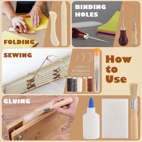 HEJIN 34 PCS Book Binding Materials, Bookbinding Kits for Beginners, Book Binding Tools with Awl, Plastic Bone Folder, Waxed Thread, Bookbinding Supplies in Kuwait