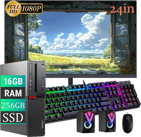 كمبيوتر سطح المكتب Lenovo ThinkCentre M800 SFF مع شاشة FHD مقاس 24 بوصة، Core i3-6100 3.70 جيجا هرتز، 16 جيجا DDR4، 256 جيجا SSD، لوحة مفاتيح RGB ومكبر صوت، WiFi BT Windows 10 Pro (متجدد) in Saudi Arabia