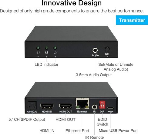 موسع DDMALL 4K HDMI عبر كابل CAT5e/6/7 مع جهاز تحكم عن بعد بالأشعة تحت الحمراء، يصل إلى 230 قدمًا/70 مترًا عند 4K عند 60 هرتز، يدعم Loop Out، HDR، HDCP 2.2/1.4، EDID، HDMI 2.0، SPDIF والصوت التناظري، جهاز الإرسال والاستقبال ( هي-35IR) in Kuwait