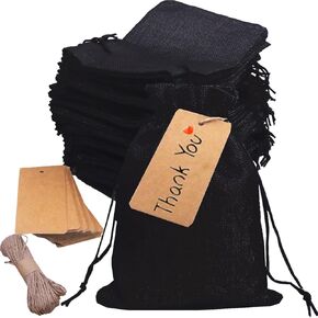 Gbateri 50 Pack Linen Burlap Bags with Drawstring Gift Bags 5x7 inch, Jute Bags, Small Hessian Bags, Jewelry Pouches Party Favor Bags Treat Bags with Strings, Tags for Christmas Wedding Birthday