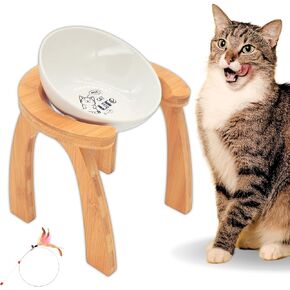 RÊNASCI® Ceramic Elevated Cat Bowl, Raised Bamboo Wood, Sturdy Pet Food Adjustable Tilted Angle (Meow Rainbow)