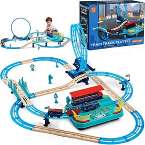 Electric Train Sets, Christmas Trains Toys Rail Head, Passenger Carriages, Tracks, Light & Sounds Rechargeable 360° Transformed DIY Train Track Set Birthday Gifts for Boys Girls