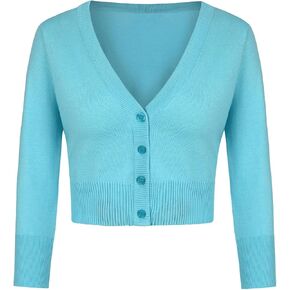 Women 3/4 Sleeve Cropped Cardigan Shrugs Lightweight Button Open Front Knit Bolero Sweater