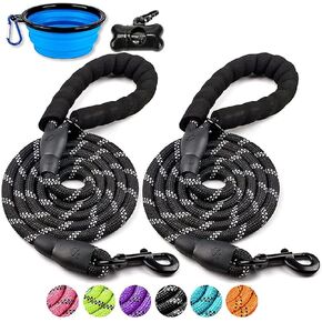2 Pack Dog Leash 6 FT Thick Durable Nylon Rope - Comfortable Padded Handle Reflective Rope Dog Leash for Medium Large Dogs with Collapsible Pet Bowl and Garbage Bags (6FT-Blue + Black)