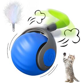 Interactive Cat Ball Toy with Feather, Smart Cat Toys Ball for Indoor Cats, Motion Activated Automatic Cat Toy Ball, USB Rechargeable Cat Toys, Blue