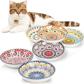 Foraineam 6 Pack 5.5 inch Wide Shallow Cat Food Bowl Set Ceramic Cat Bowls, 8oz Whisker Friendly Cat Dishes, Colorful Kitten Feeding Bowls for Food and Water, Microwave and Dishwasher Safe