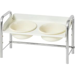 Ceramic Adjustable Raised Cat Bowls with Durable Stand Elevated Cat Dish for Small Cat, Food and Water Bowls Pet Feeding Bowl, Non-Slip Tilted No Spill (5" Double Bowls, Cream White)