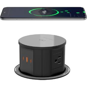 Pop Up Countertop Outlet with 15W Wireless Charger, 4 AC Outlets & PD 20W USB-C Fast Charging Station, 4.75 inch Desk Power Grommet Outlet Connect 6FT Extension Cord for Office, Conference, Home Use
