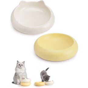 Ceramic Cat Bowls, 15°Tilted Wide Cat Food Dish and Water Bowl, Whisker Friendly 2 in 1 Ceramic Raised Cat Dishes for Indoor Cats Kitten, 2 Pack (White+Yellow)