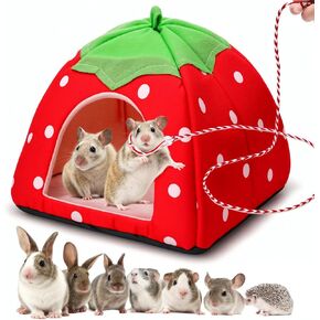 Guinea Pig Bed Rabbit Hideout Cozy Hamster Cave Leash Accessories Warm Fleece Cuddle Cup Washable Winter Sleeping House for Small Pet Strawberry Style