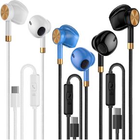 USB C Headphones Earbuds 3 Pack - USB C Earphones Noise Isolating, in-Ear Type C Ear Buds Wired with Microphone Heavy Bass Compatible with Phones, Android and All TypeC Jack