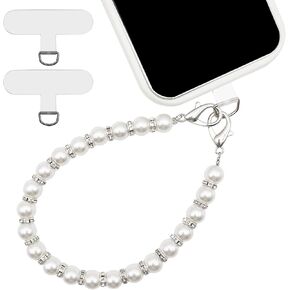 Pearl Beaded Phone Wrist Strap, Universal Cell Phone Lanyard, Anti Lost Phone Lanyard with 2 Pcs Phone Patches, Compatible with Most Cell Phones and Phone Case, White