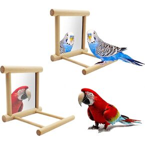 Blessed Family 2 Piece Bird Parakeet Mirror for Cage,Parrot Perch Stand,Wooden Hummingbird Swing Toy,Parakeet Accessories for Cockatiels Conure Finch Lovebird Canary African Grey Macaw