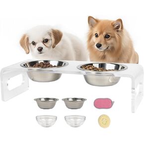 Acrylic Elevated Dog Bowls, Raised Dog Cat Bowl Pet Feeder Set with 2 Stainless Steel Bowls,2 Glass Bowls,1 Cleaning Cloth,1 Cleaning Brush,for Puppies, Kittens and Small Dogs