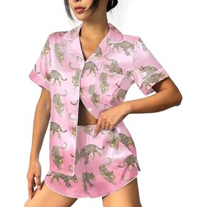 Ekouaer Womens Silk Satin Pajama Set Print Short Sleeve Sleepwear Button Down Pjs Shorts Set Loungewear