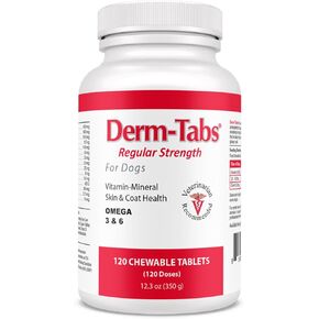 Derm Tabs Regular Strength for Dogs - Natural Oil, Vitamins, Minerals, and Antioxidants - Support Healthy Skin and Reduce Shedding - 120 Chewable Tablets