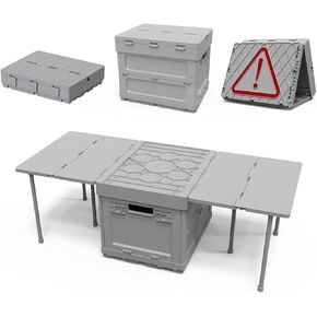 Folding Storage Camping Box with Table,3 in 1 Lightweight Camp Storage Box with Parking Warning Sign,Portable Foldable Compartment Table for Indoor, Outdoor, Fishing, BBQ, Picnic, Gray