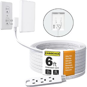 8FT Ultra Flat Plug Extension Cord Power Strip with 3 Outlets, Patented Detachable Ultra-Thin Outlet Cover Concealer & Ultra-Flat Plug, Max. 13A 125V 1625W ETL Listed, White Color