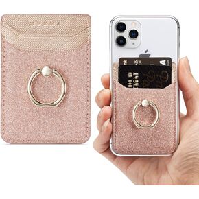 LUVI Phone Card Holder Wallet with Ring Stand Kickstand Pocket RFID Blocking Credit Card Bling Glitter PU Leather Sticky Wallet Back of Phone for Women Men