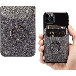 LUVI Phone Card Holder Wallet with Ring Stand Kickstand Pocket RFID Blocking Credit Card Bling Glitter PU Leather Sticky Wallet Back of Phone for Women Men