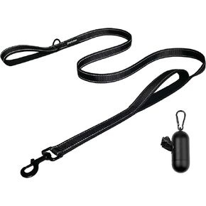 Heavy Duty Dog Leash with Dog Poop Bag Dispenser - 2 Handles by Padded Traffic Handle for Extra Control, 6foot Long - Perfect for Medium to Large Dogs (6 ft, Black)
