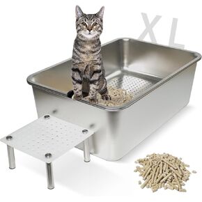 Stainless Steel Sifting Litter Box for Pine Pellets,Sifting Wood Cat Litter pellets Box for Kitty, Odor Control,Easy to Clean,Extra Large XL Sifter pan System