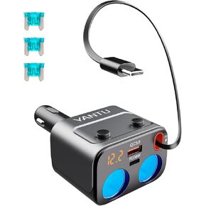 YANTU QC3.0 & PD 84W Retractable car Charger, 2-Socket 100W Cigarette Lighter Adapter/Splitter with 12v USB Outlet,Car Charger Adapter with Double/Dual/USB C Charger Multi Port/Plug Outlet for Car